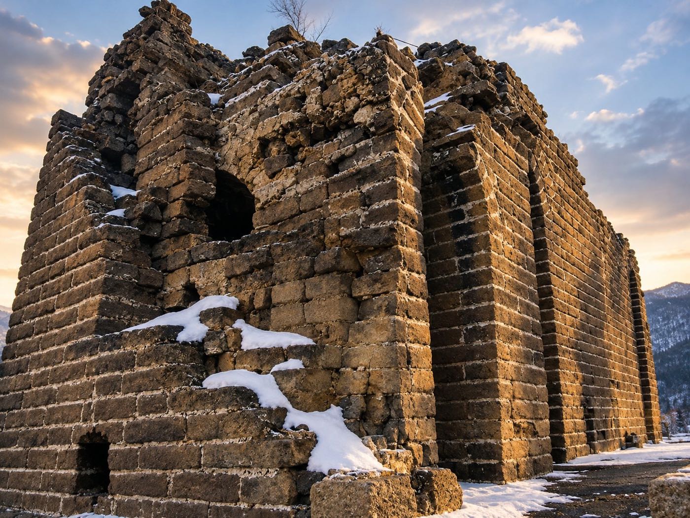 A crumbling stone watchtower on the Great Wall with snow on its ledges